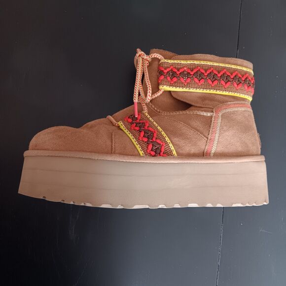 UGG Classic Mini II Braid Platform Chestnut Suede Boots Sz 12 Winter Outdoor - Picture 1 of 10